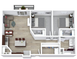 A 3D floor plan of a modern apartment features a living room, kitchen with an island and dining area, two bedrooms with grey bedding, a balcony, and two bathrooms. Wooden flooring runs through the main areas, with carpet in the bedrooms.