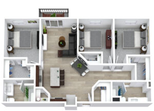 A 3D-rendered floor plan of a modern apartment, featuring an open living room and kitchen, two bedrooms, and a bathroom. Each bedroom has a bed and windows. The living room includes a couch and coffee table, and the kitchen has an island and dining table. There's a small balcony.