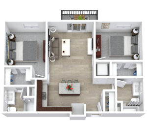 A 3D-rendered floor plan showing a two-bedroom apartment. The layout includes a living room, dining area, kitchen, two bathrooms, and a balcony. Each bedroom is furnished with a bed and nightstands. The living room features seating and a coffee table.