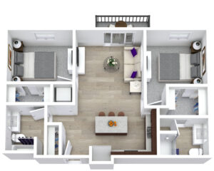 A 3D floor plan of a two-bedroom apartment. The layout includes a living room with a sofa and glass coffee table, an adjacent kitchen island, two bedrooms each with a bed and nightstands, two bathrooms, and a balcony. The decor is modern with neutral tones.