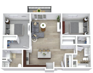 A 3D floor plan of a two-bedroom apartment. The layout includes two bedrooms, a kitchen with a dining area, a living room with a sofa set, and a bathroom. The living room has access to a balcony. The design features wooden flooring and modern furnishings.