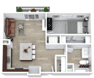 A 3D floor plan of a modern one-bedroom apartment. It features an open-concept living area with a sofa, coffee table, and dining island with barstools. Adjacent is the bedroom, bathroom, and a small balcony. The kitchen includes appliances and a countertop.