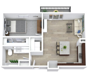 A 3D rendering of a one-bedroom apartment layout with hardwood floors. The apartment includes a bedroom, a living room with a sofa and chairs, a kitchen with an island and bar stools, a bathroom, a small hallway, and a balcony with outdoor furniture.