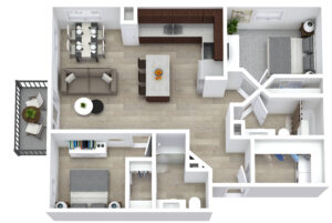 A 3D floor plan of a modern two-bedroom apartment. The layout includes a kitchen with an island, living and dining areas, two bedrooms, a bathroom, a small balcony, and a closet. The interior features light wood flooring and contemporary furniture.