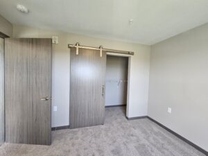 Empty room with neutral-toned carpet and walls. A sliding barn door reveals a small closet with a hanging rod. A wooden door is partially opened on the left. Natural light floods in through an unseen window.